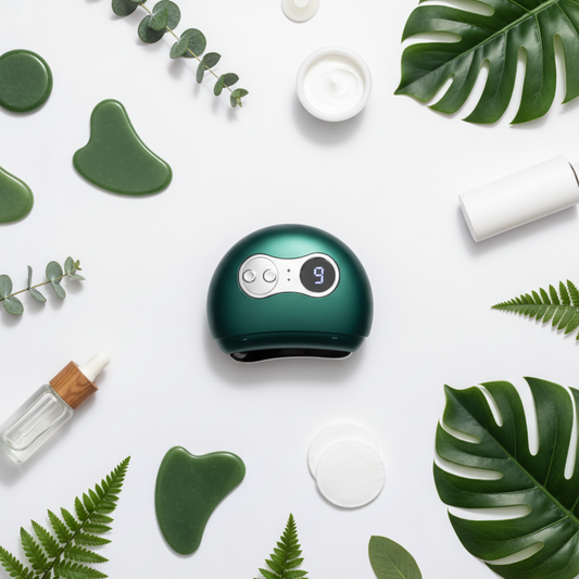 Gua sha eléctrico Novaris en set de belleza con hojas verdes